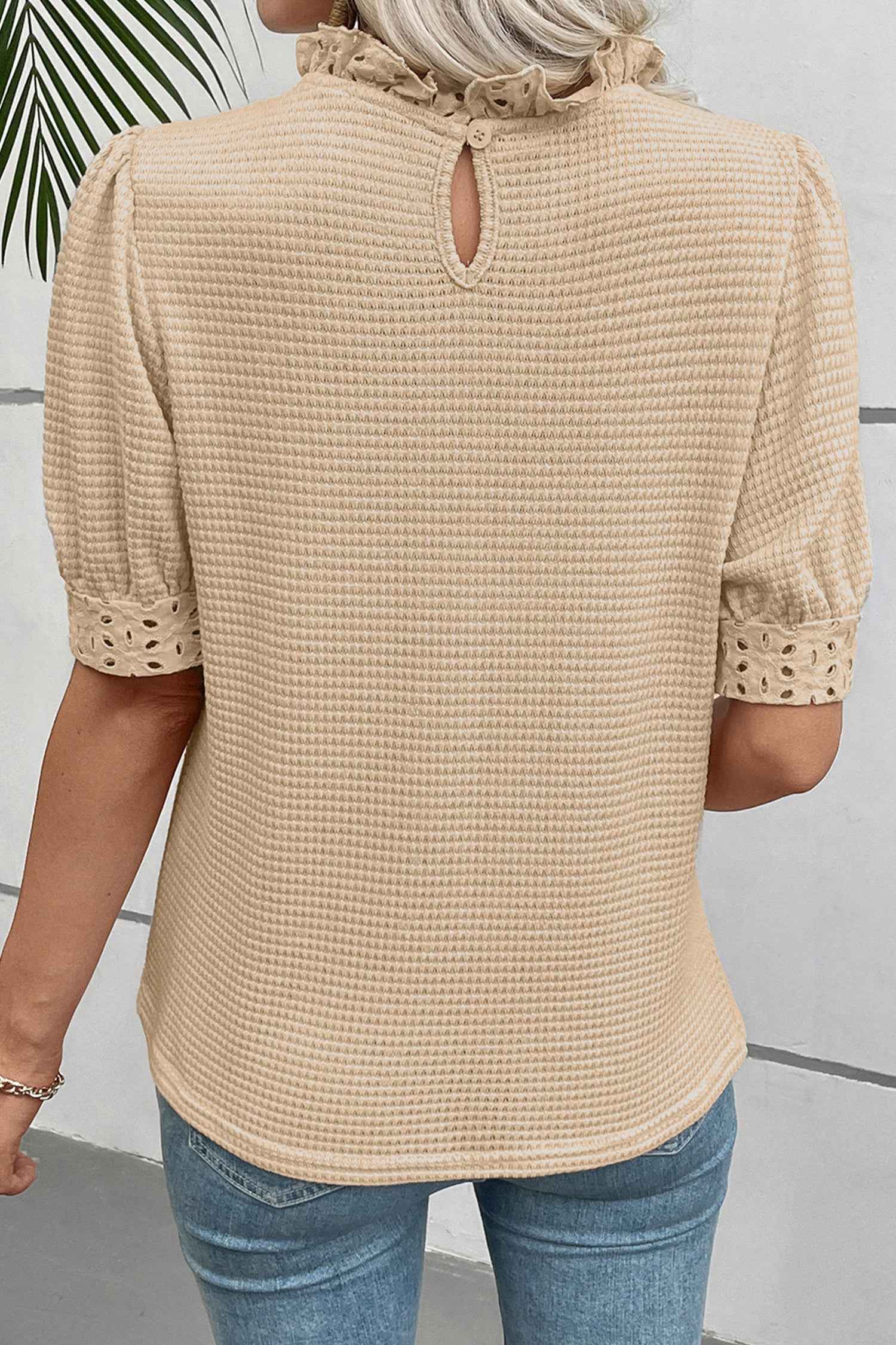 Parchment Textured Knit Eyelet Embroidered Patchwork Ruffled Neck Short Sleeve Blouse