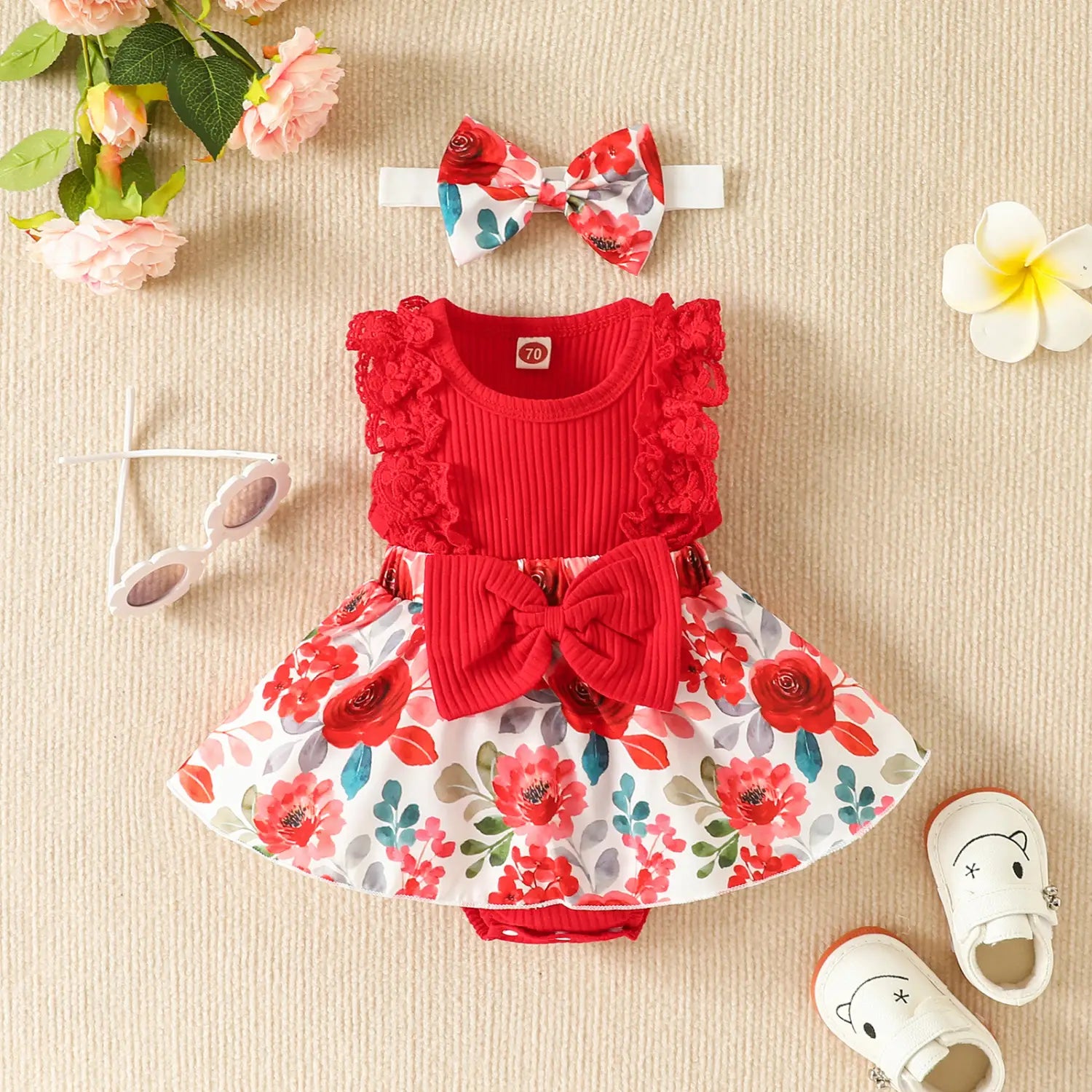 Ibaby and children’s set with pit strip lace splicing flower full print jumpsuit