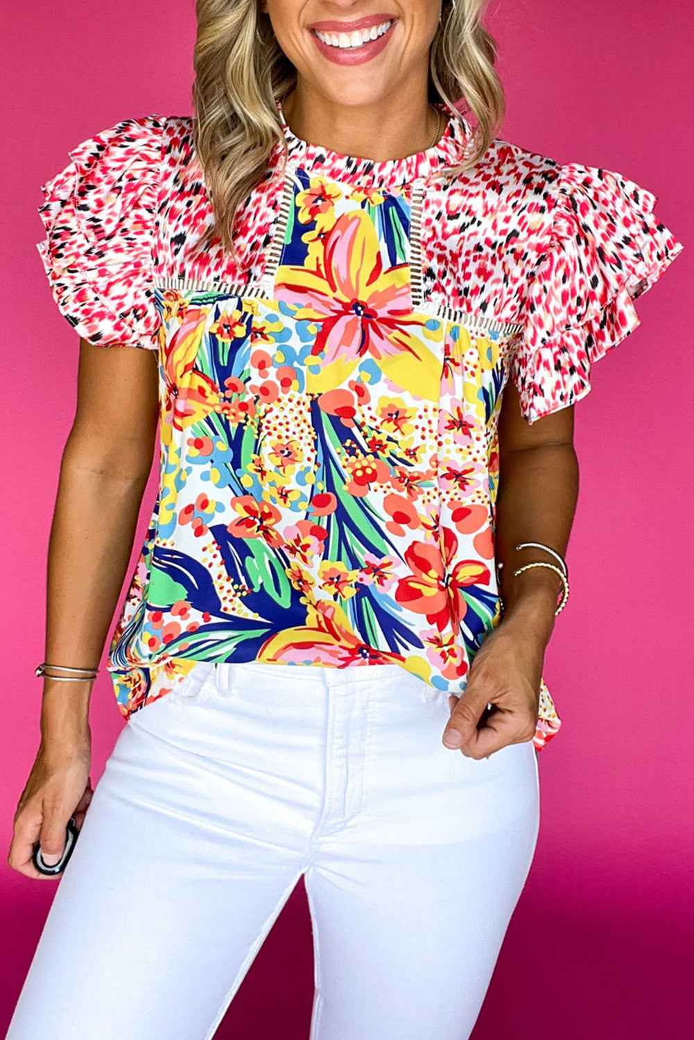 Red Floral Mixed Print Ruffle Cap Sleeve Blouse