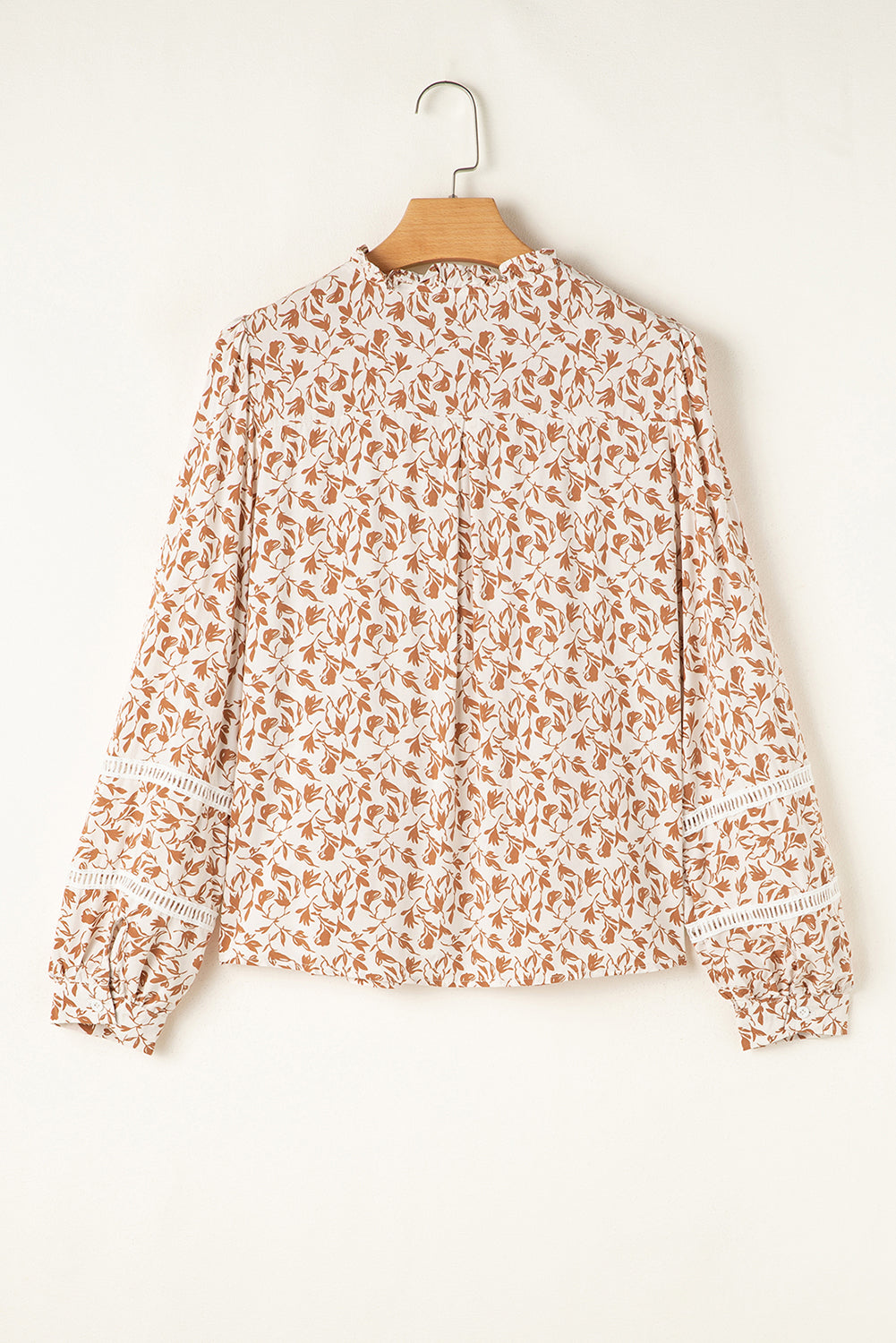 Blue Floral Print Lace Detail Puff Sleeve Shirt