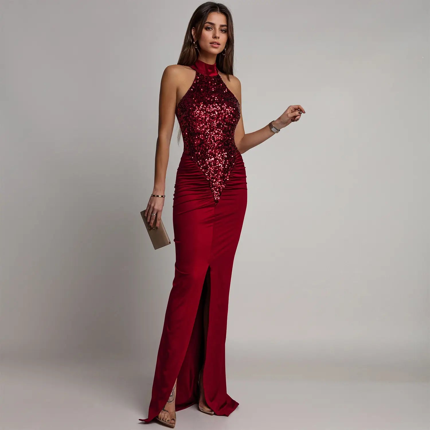 Fashion women’s sexy fitted sequin velvet split dress