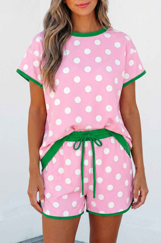 Pink Polka Dot Contrast Edge Casual Short Set