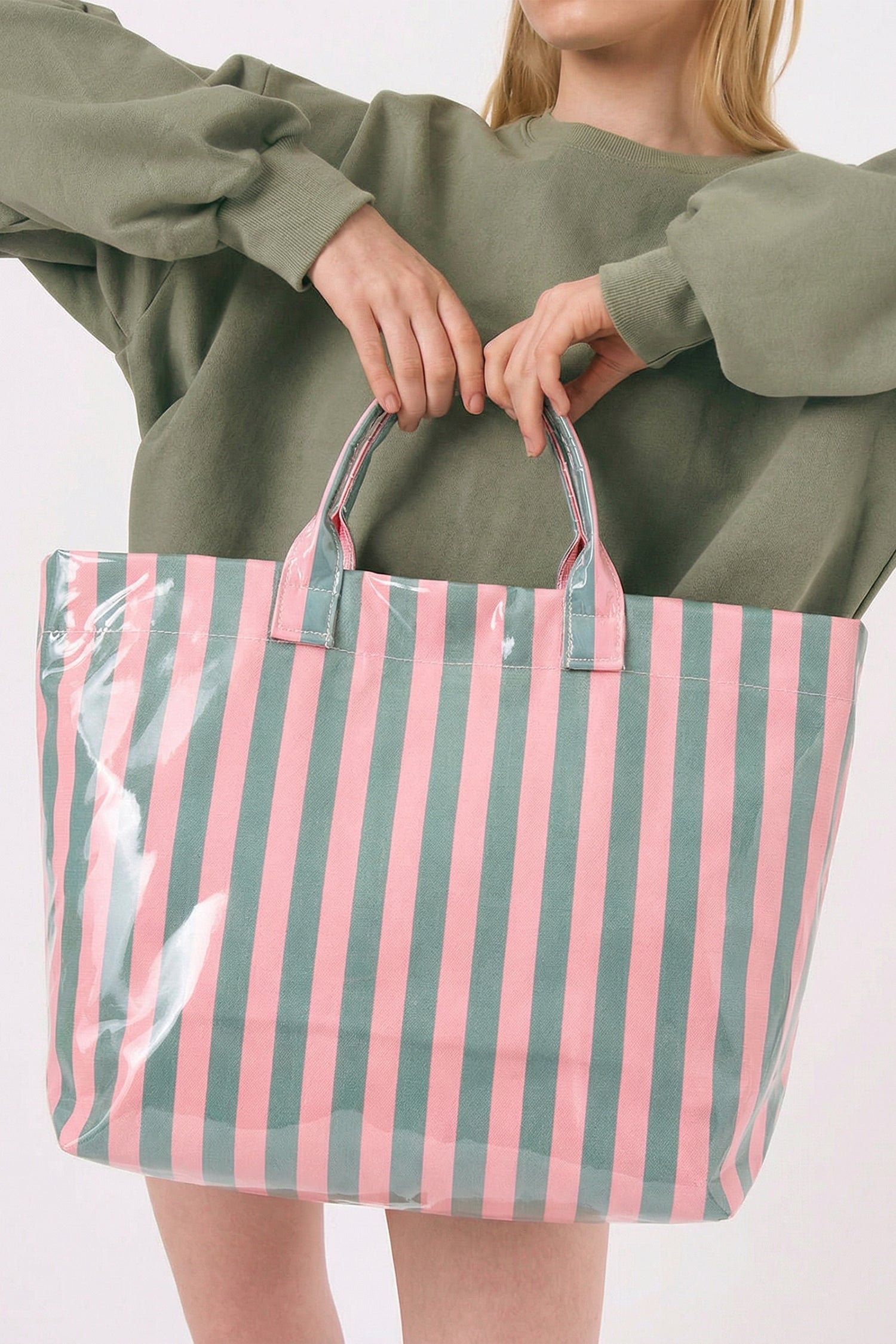 Color black Glossy Striped Vinyl Large Tote Bag