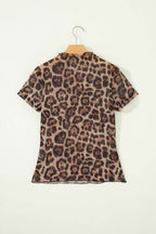 Camel Leopard Printed Mesh Short Sleeve Top