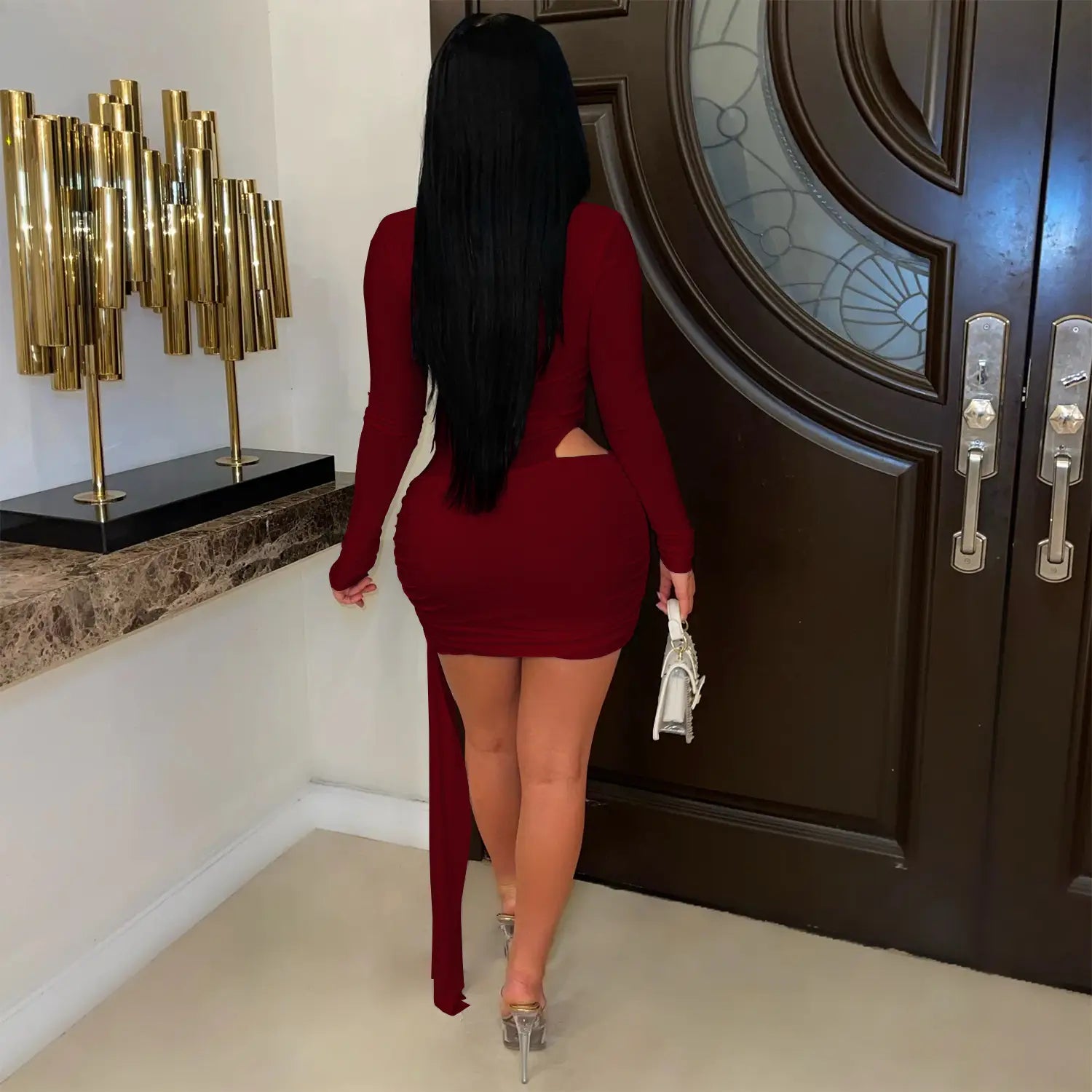 Fashion Women's Sexy Deep V Neck Solid Color Ribbon Dress Mini Dress