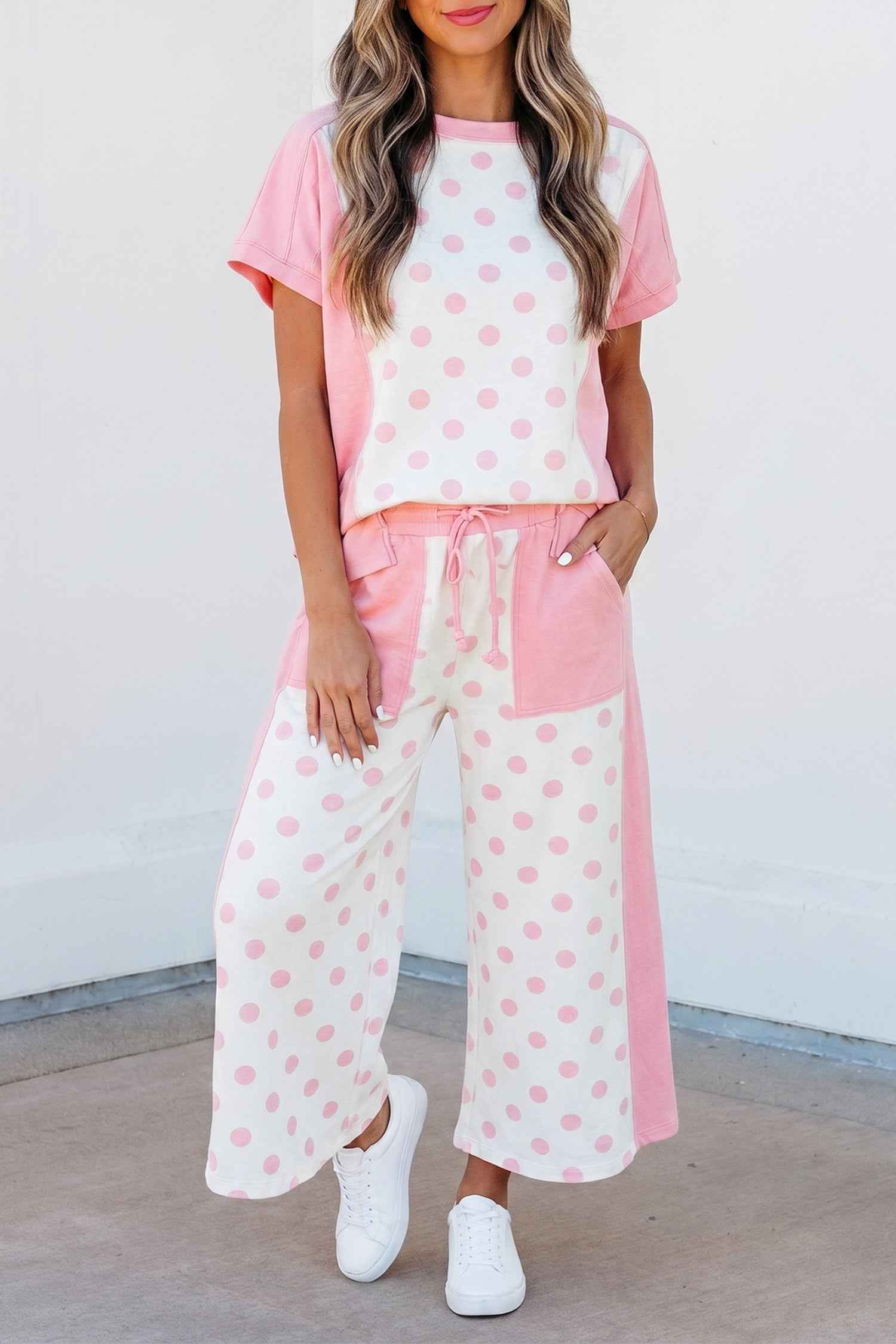 Pink Color Block Patchwork Polka Dot Wide Leg Pant Set
