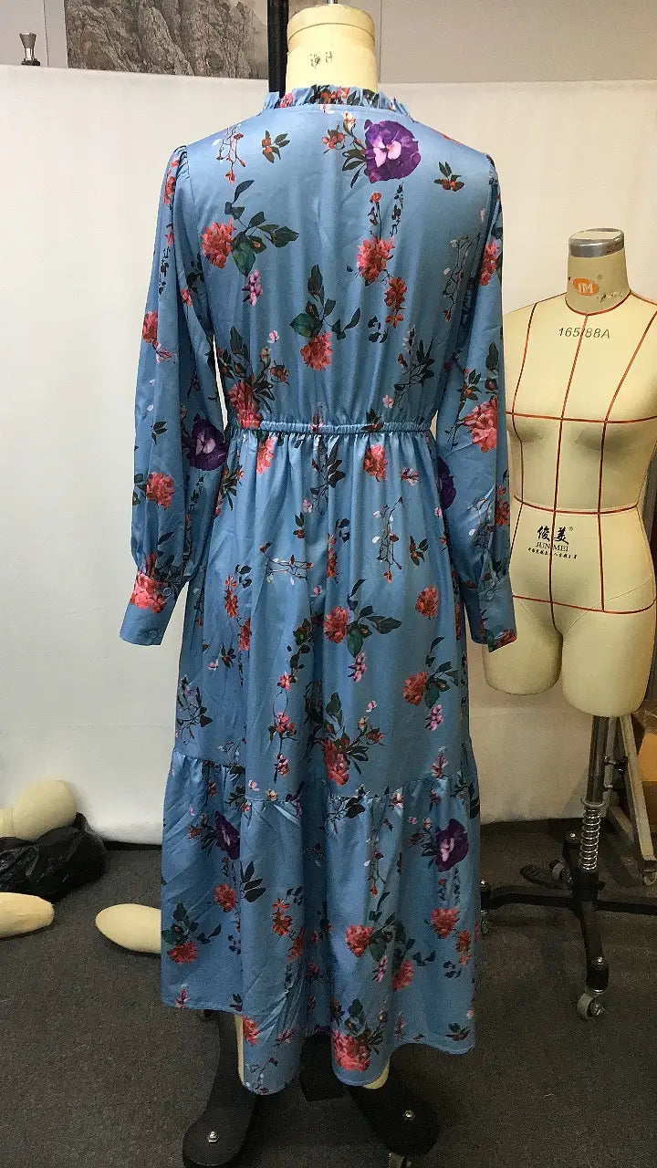 Style Autumn Vintage Floral V-Neck Long Sleeve Long Dress Country Cottage Vintage Dress