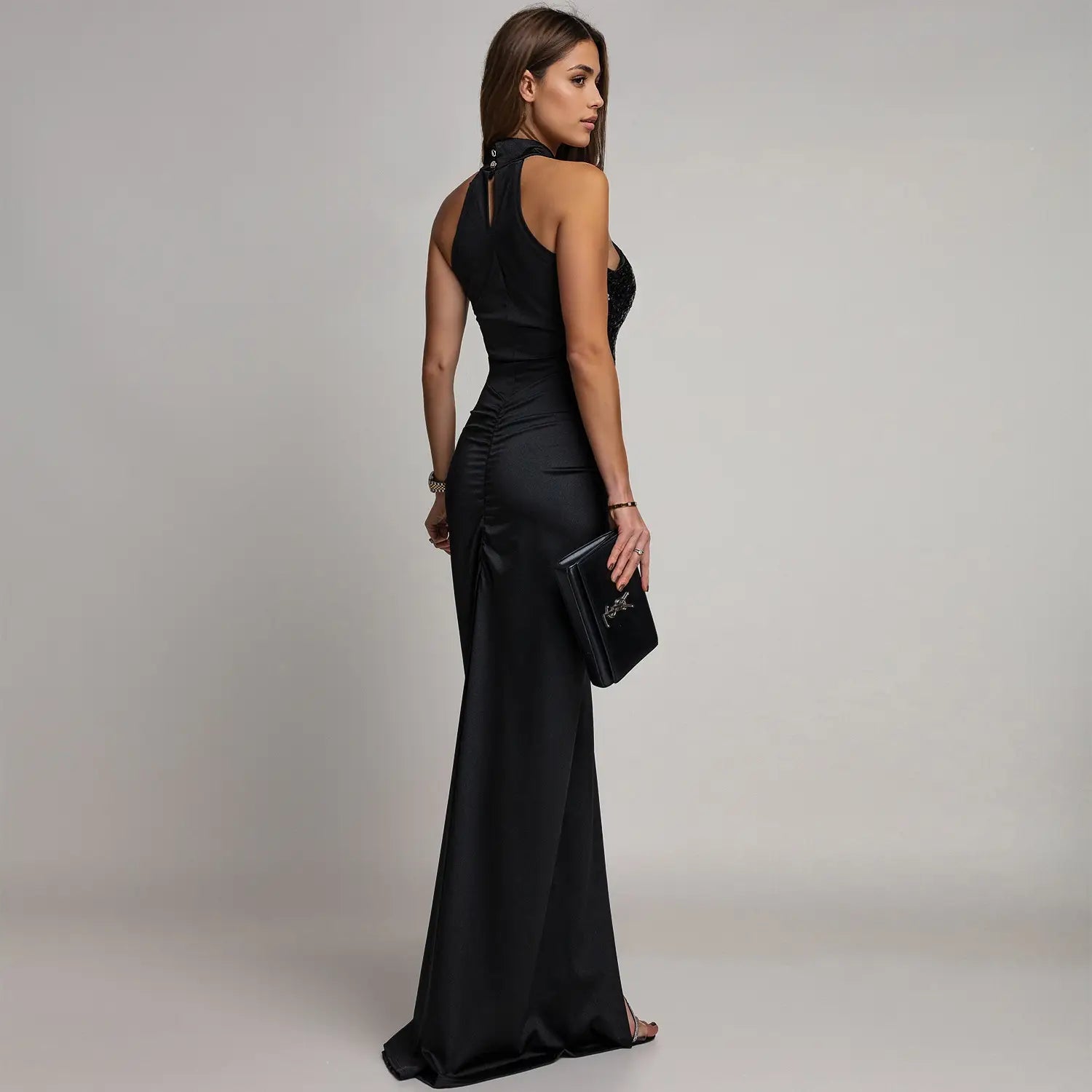 Fashion women’s sexy fitted sequin velvet split dress