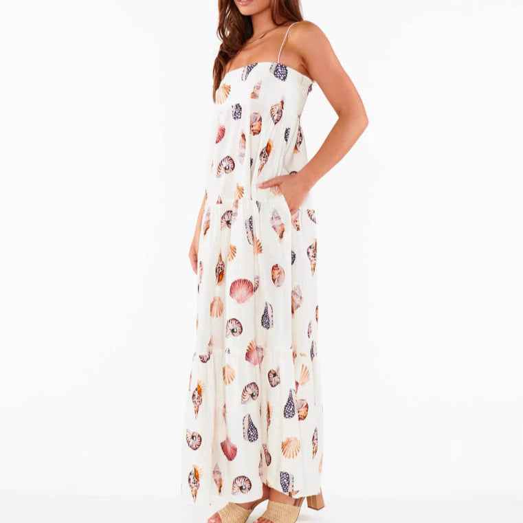 Style Summer New Strap Printed Layered Dress Seashell Print Pocket Dress for Women