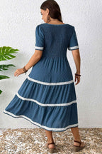 Dusk Blue Plus Size V Neck Swiss Dot Lace Patchwork Detail Flared Midi Dress