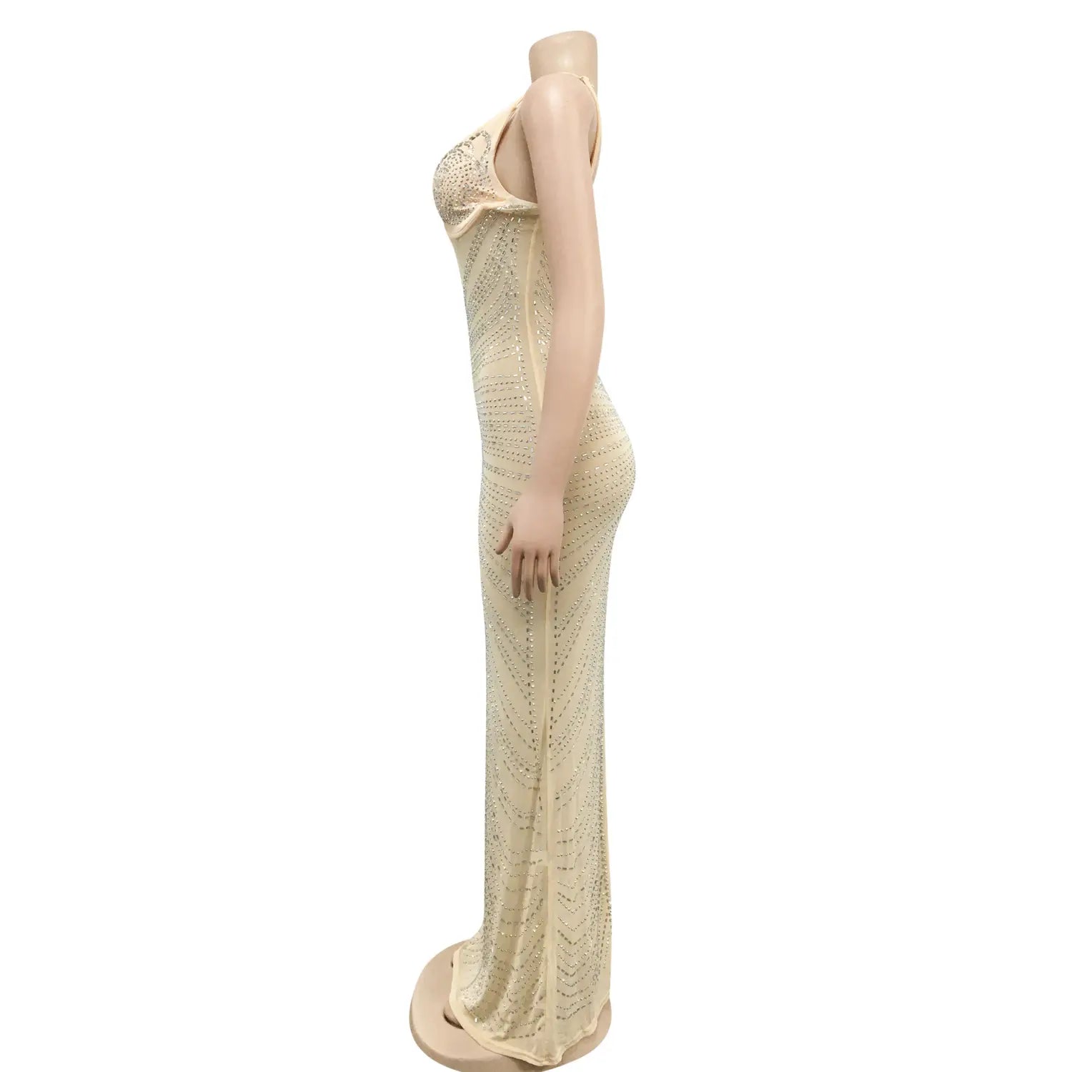 Fashion sexy beaded strapless sheer mesh long dress