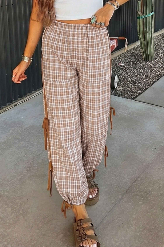 Chestnut Plaid Print Elastic Waist Bow Tie Contrast Detail Jogger Pants