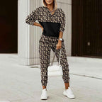 Printed Long Sleeve Fitted Hoodie and Pants Set for Women