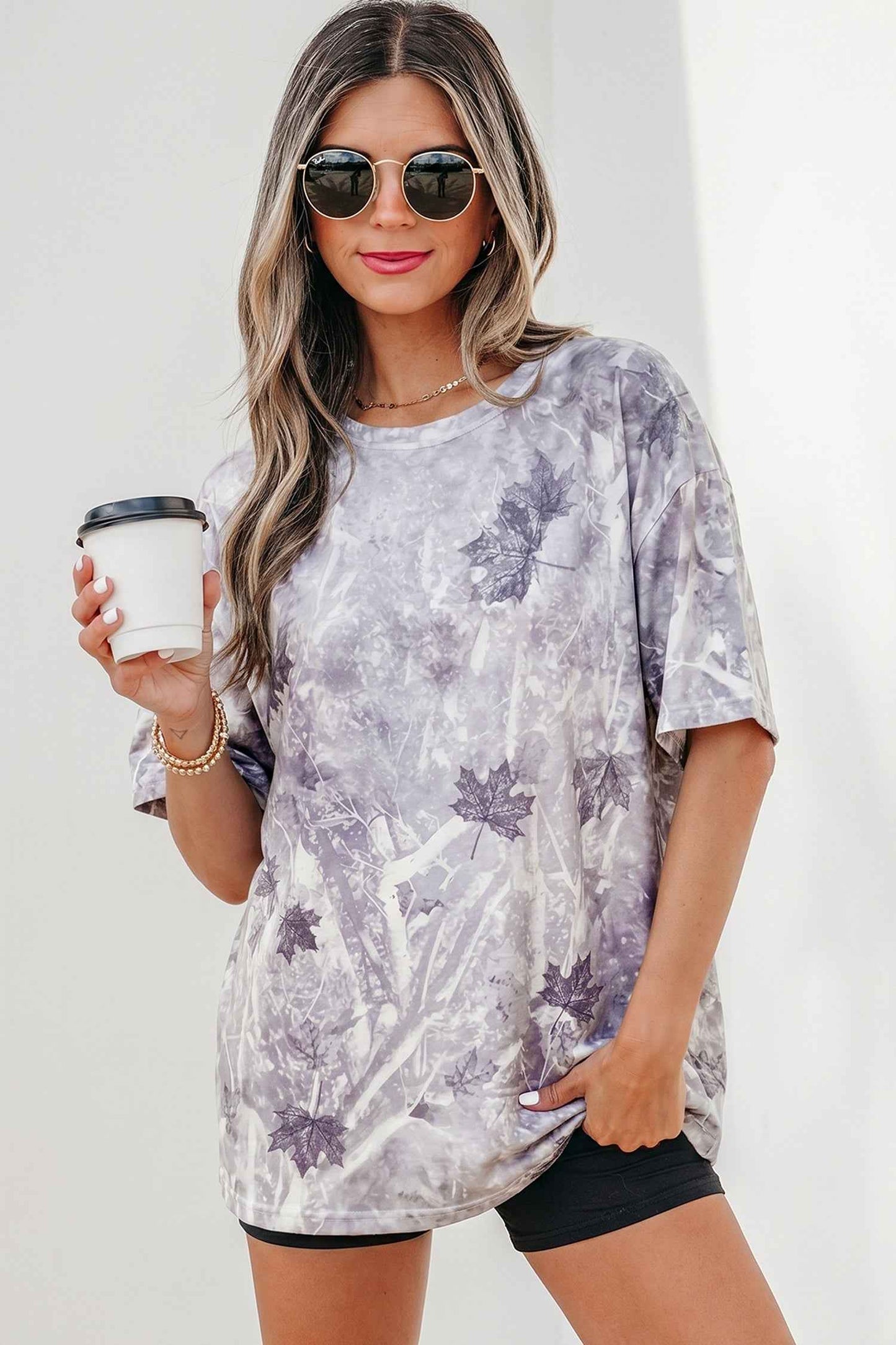 Gray Camouflage Woodland Print Drop Shoulder Tunic Tee