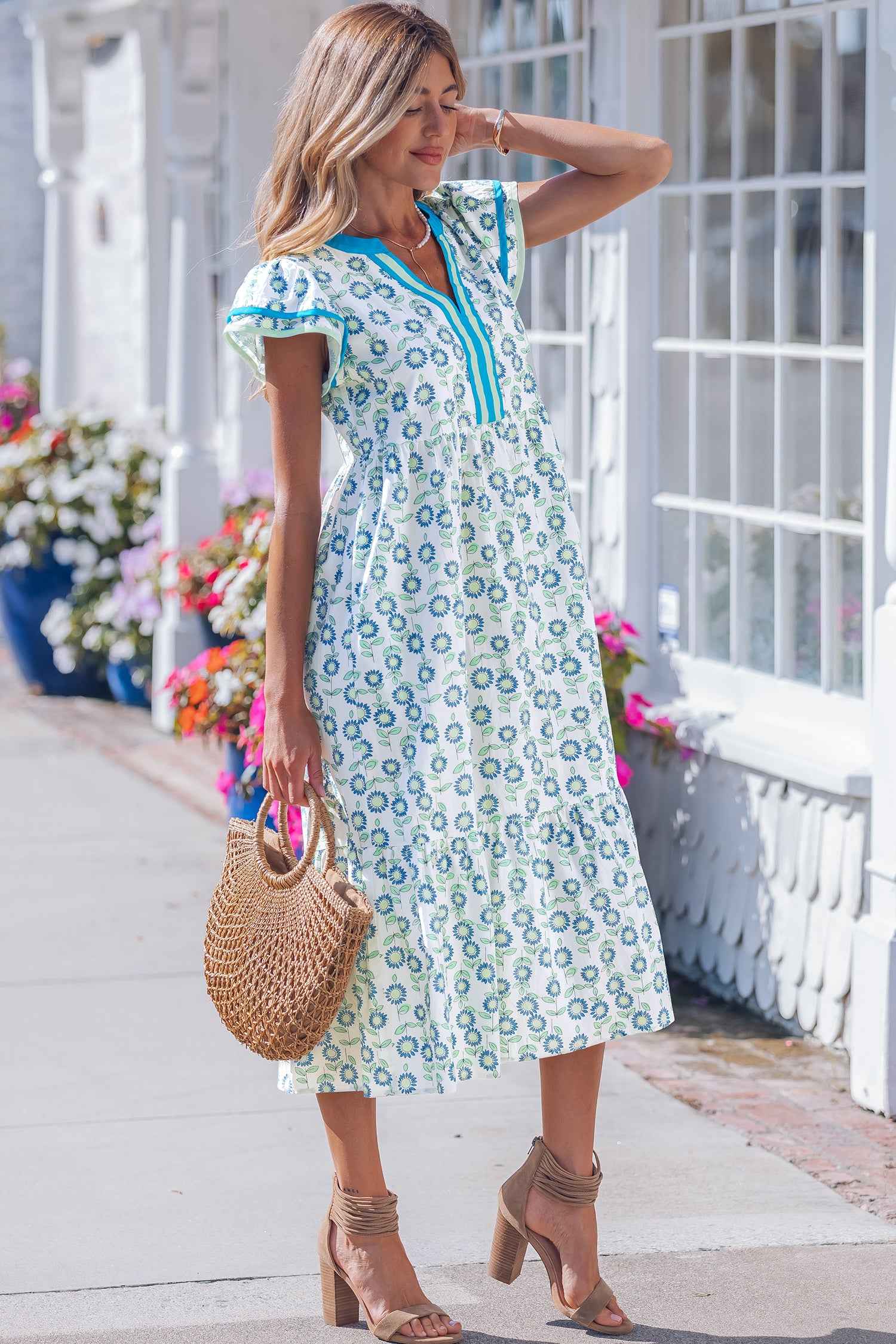 Sky Blue Cute Sunflower Printed Striped Patchwork Trim Flutter Sleeve Long Dress