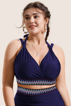 Navy Blue Embroidered Trim Wrap Tie Knot Plus Size High Waisted Bikini Set