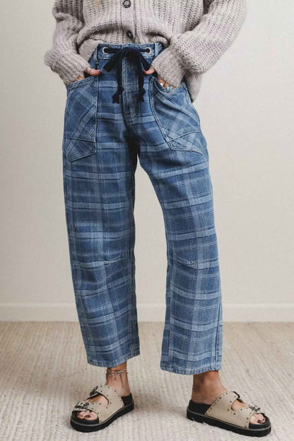 Sky Blue Plaid Denim Grommet Drawstring Waist Ankle-Length Jeans