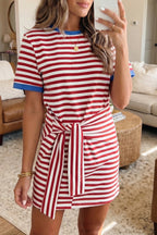 Sky Blue Stripe Nautical Tie Contrast Trim Round Neck T Shirt Mini Dress