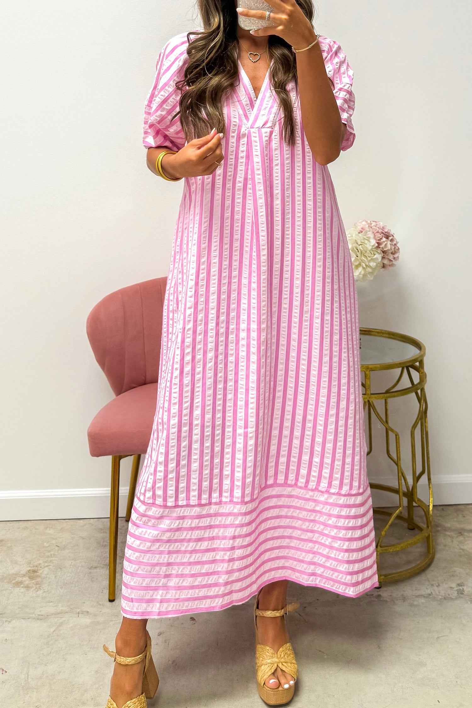 Pink Stripe V Neck Short Sleeve Shift Long Dress