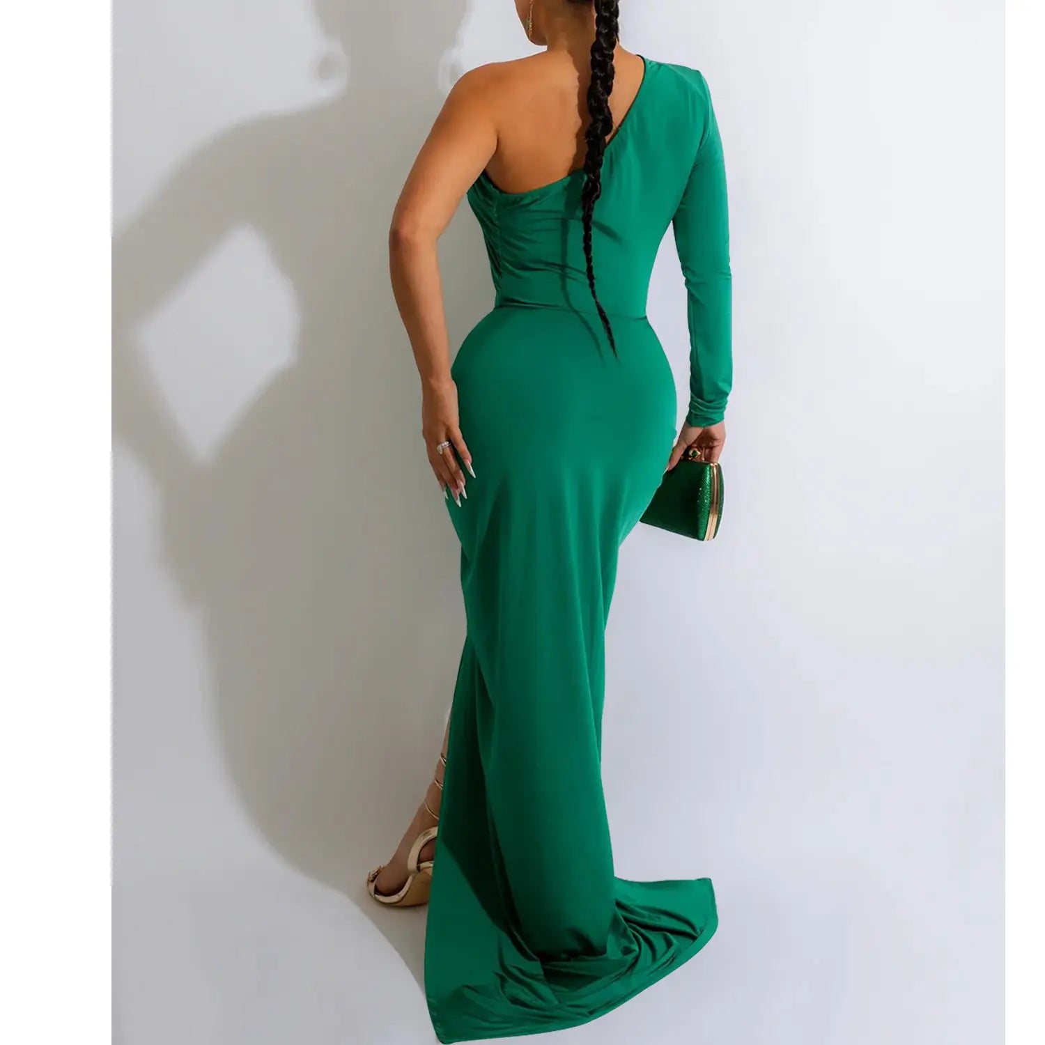 Fashion women’s solid color asymmetrical neck single long sleeve long dress with pleats