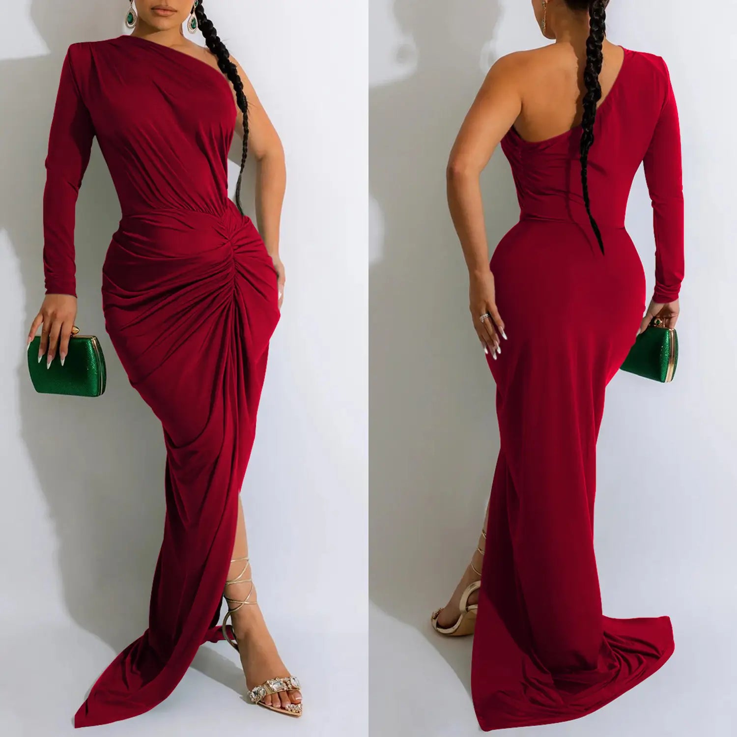 Fashion women’s solid color asymmetrical neck single long sleeve long dress with pleats