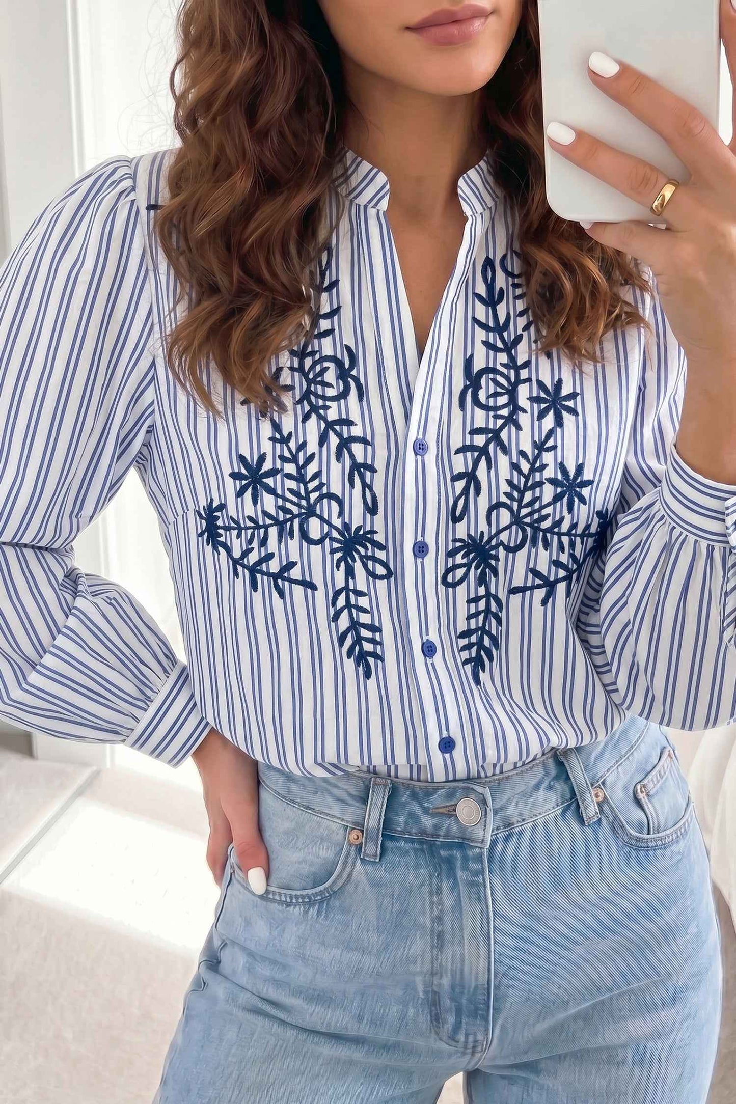 Blue Stripe Embroidered Detail Button Front Long Sleeve Shirt