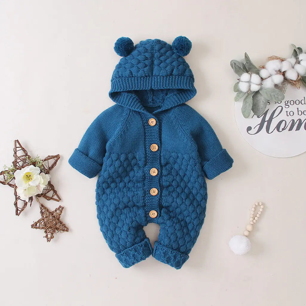 Children’s three-dimensional fur ball hooded solid color knitted jumpsuit