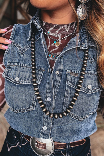 Ashleigh Blue Solid Denim Button Front Pocket Sleeveless Cowboy Vest