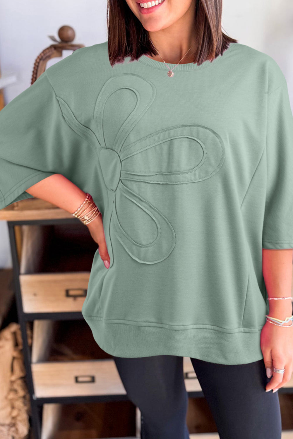 Sachet Pink Solid Color Floral Patched Half Sleeve Tunic Top