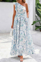 Sky Blue Floral Print Ruffled One Shoulder Vacation Maxi Dress