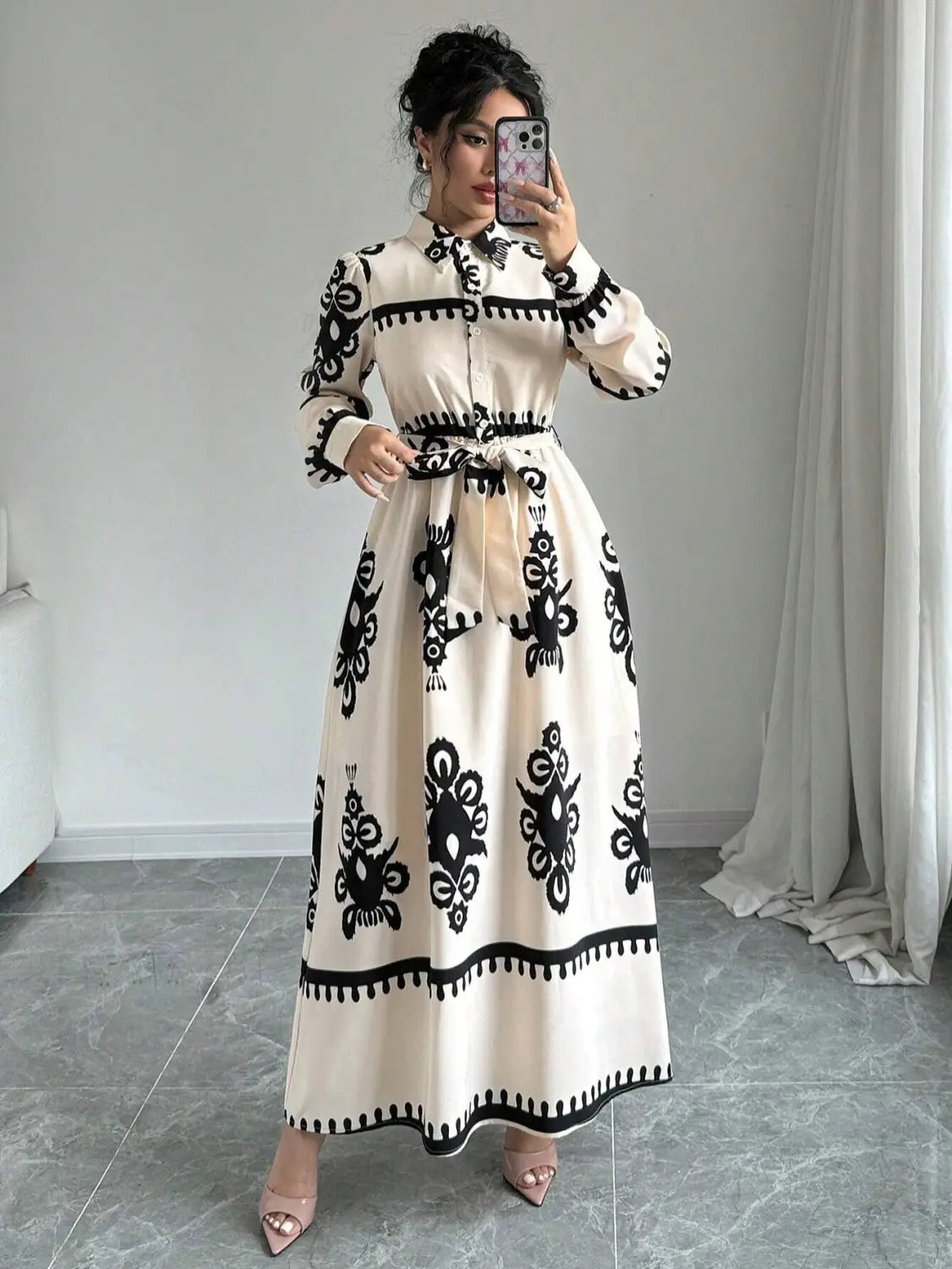 Style printed tie-up long dress with a-line silhouette