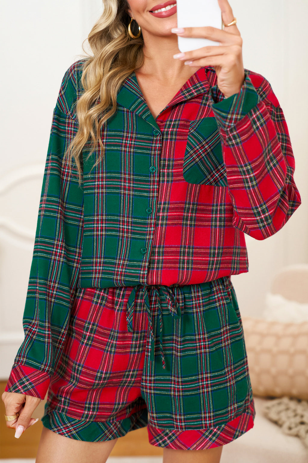 Green Plaid Christmas Holiday Patchwork Long Sleeve Shirt and Shorts Pajama Set