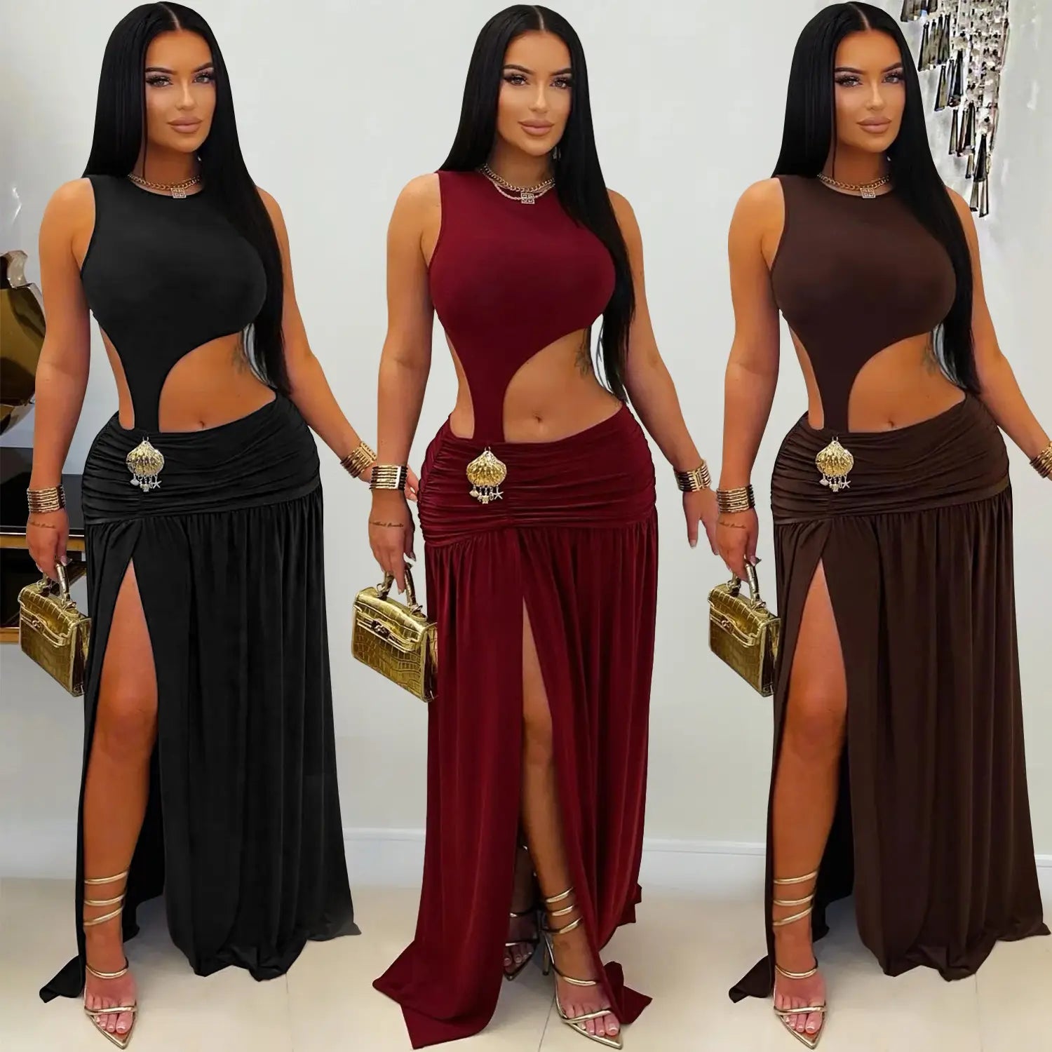 Fashion women’s sexy solid color sleeveless crop open fork dress