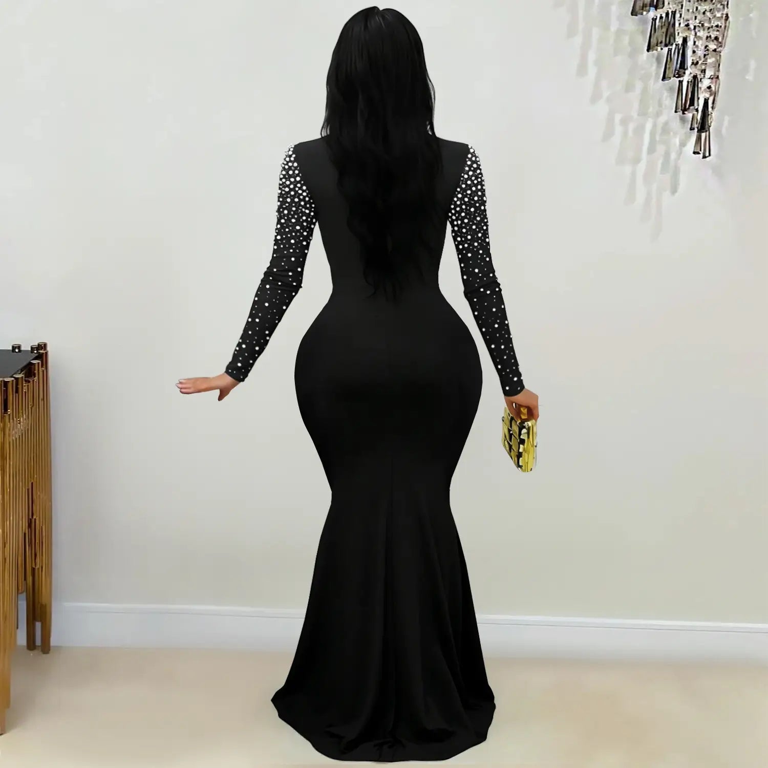 Elegant high neck rhinestone beaded bodycon dress for women fashion