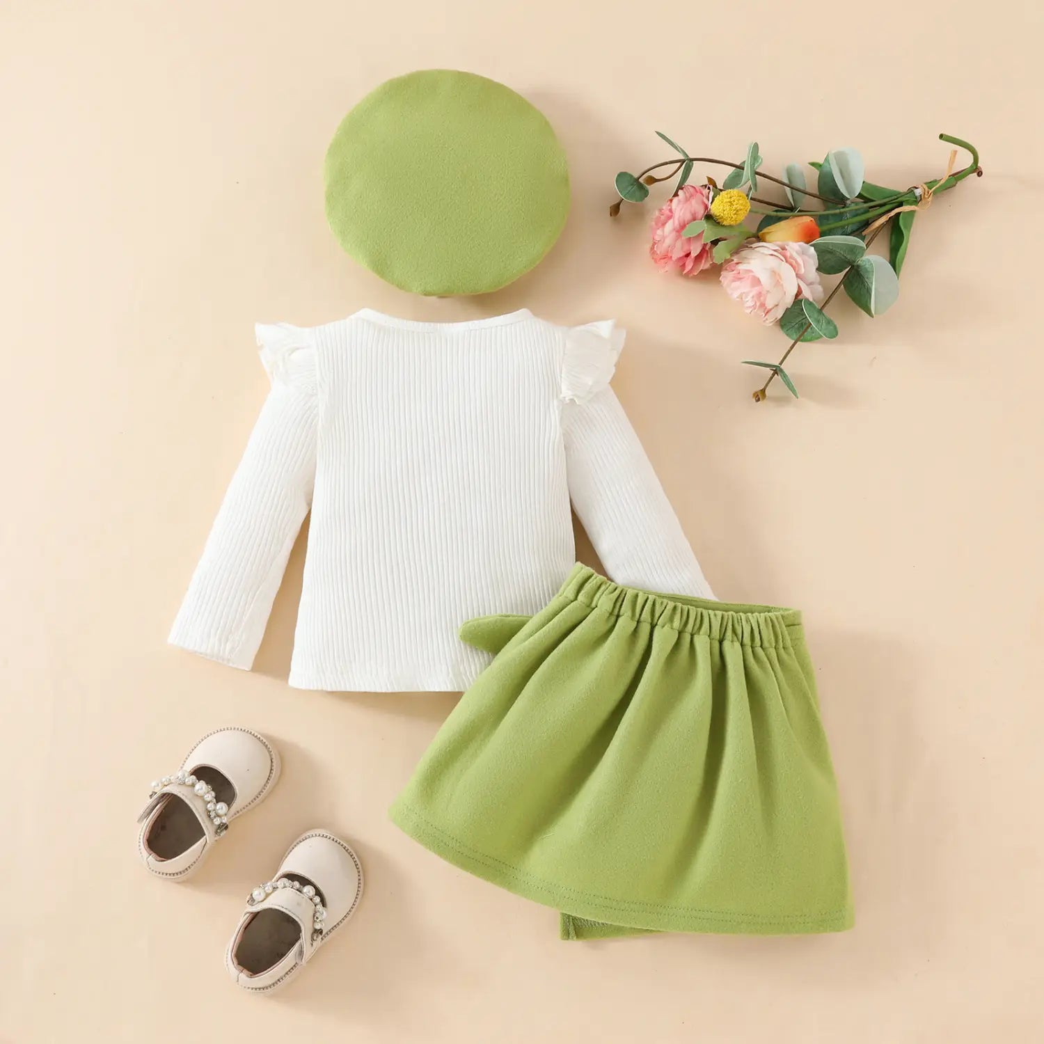 Fashion step girl big bow beret long sleeve top with velvet half skirt autumn/winter 3-piece set
