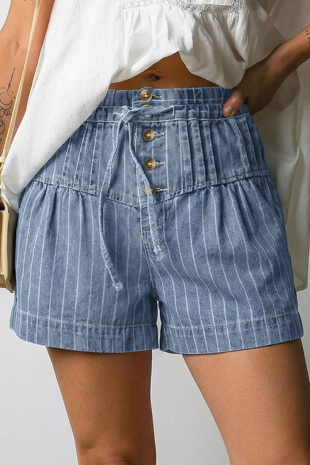 Sky Blue Stripe Drawstring Button Pleated High Waist Denim Shorts