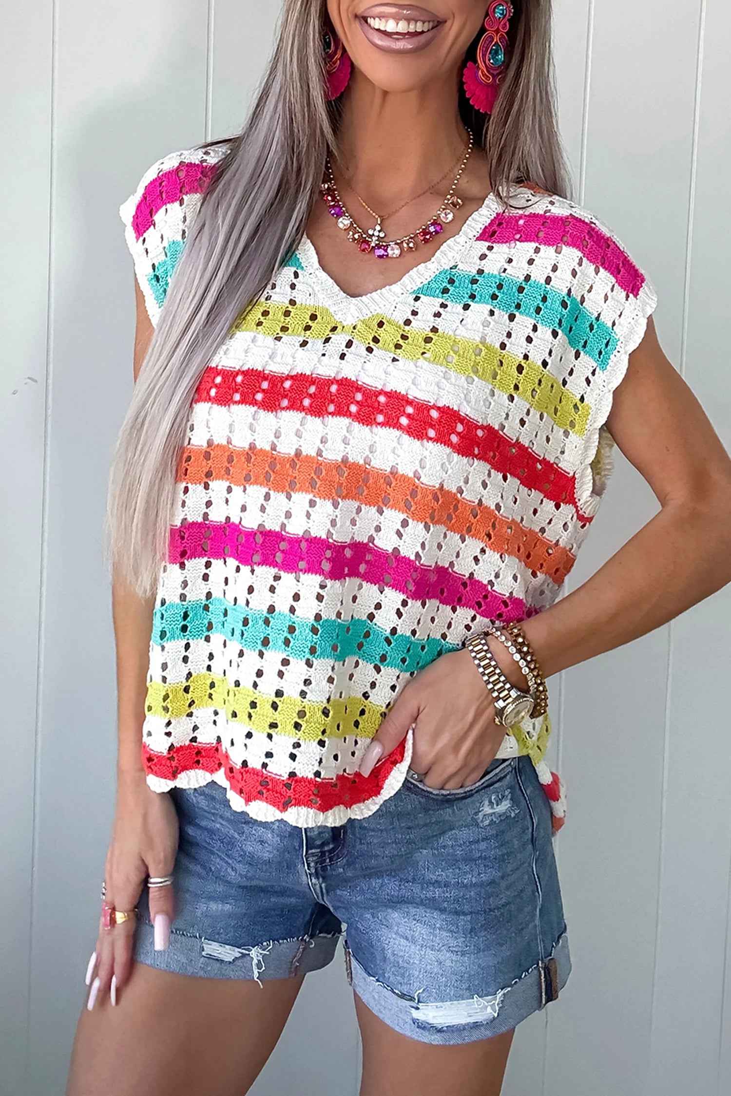 Multicolour Striped Eyelet Knit V Neck Sweater Tee