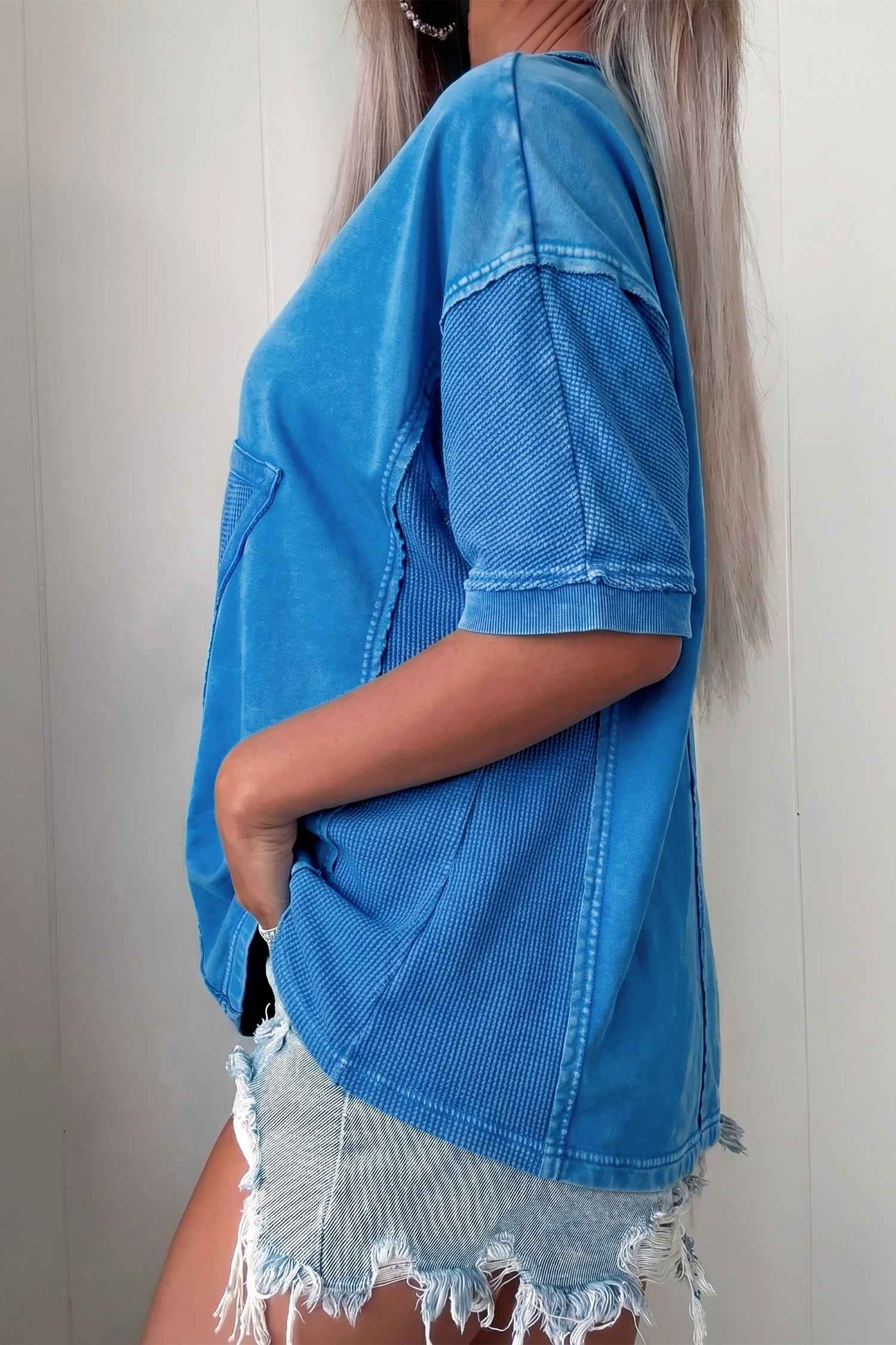 Blue Mineral Wash Star Mesh Patchwork Oversize Tee