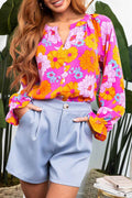 Rose Floral Print Flounce Sleeve Notched Neck Blouse