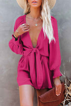 Rose Tie Knot V Neck Puff Long Sleeve Romper