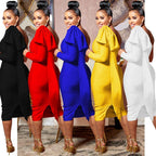 Chic Women's Single Long Sleeve Dress with Asymmetrical Neckline and Bow Ribbon Detail
