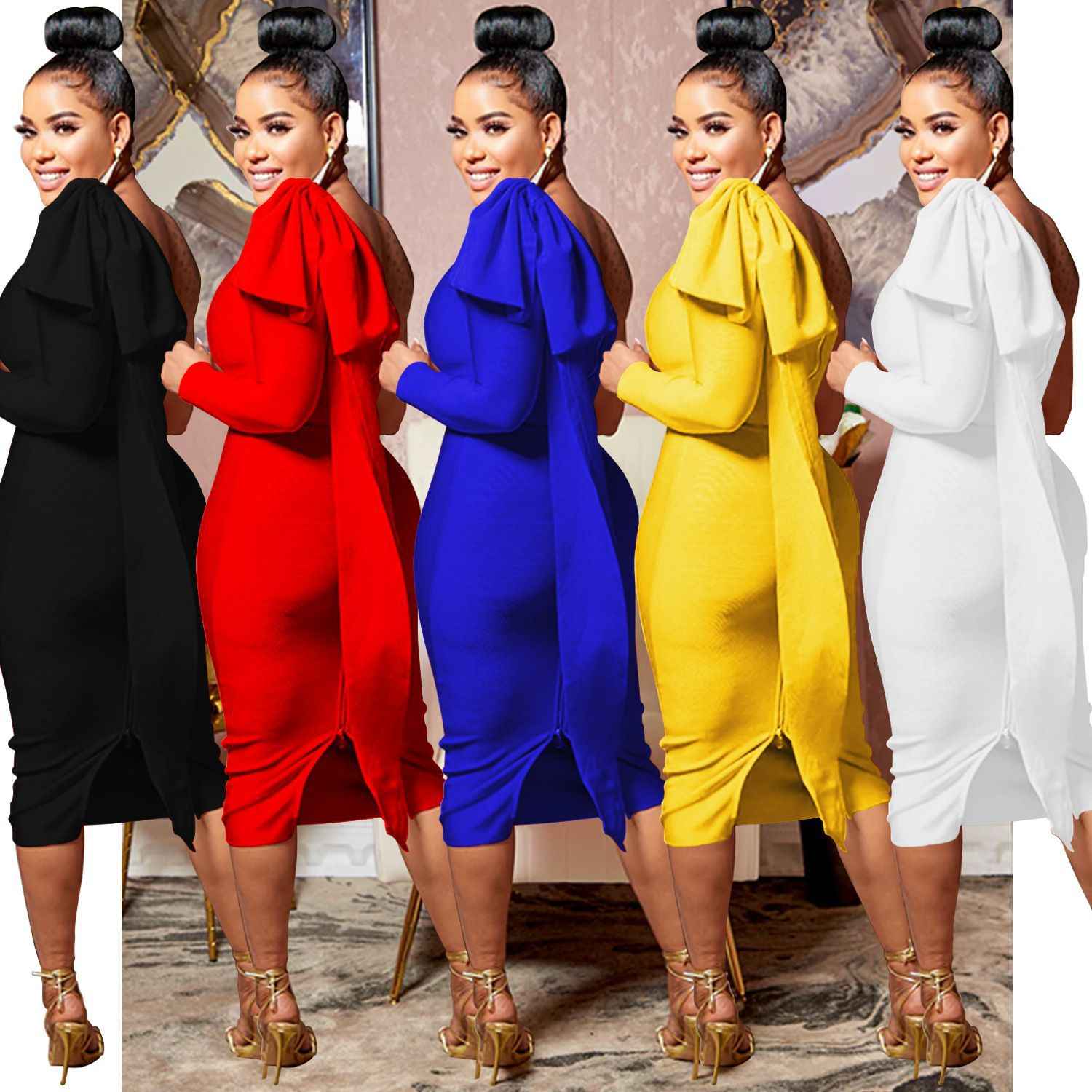 Chic Women's Single Long Sleeve Dress with Asymmetrical Neckline and Bow Ribbon Detail