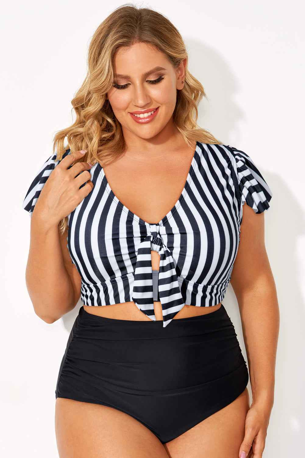Black Stripe Plus Size Knot Cutout Ruffle Sleeve and High Waist Swimsuit Set