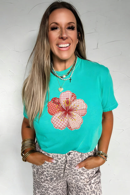 Mint Green Patchwork Floral Printed Beach Vacation Casual Tee