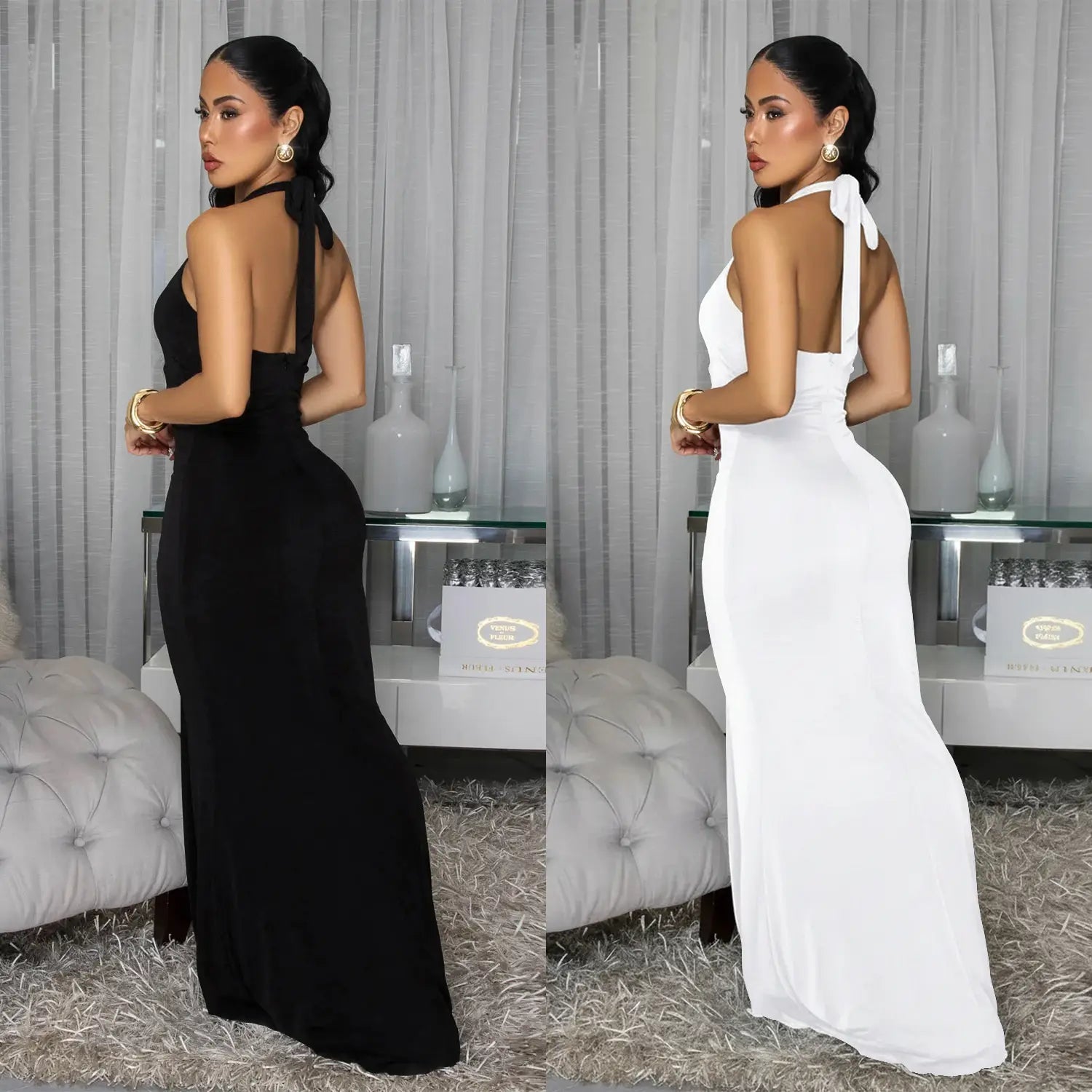Fashion women’s sexy backless halter deep v neck solid color dress