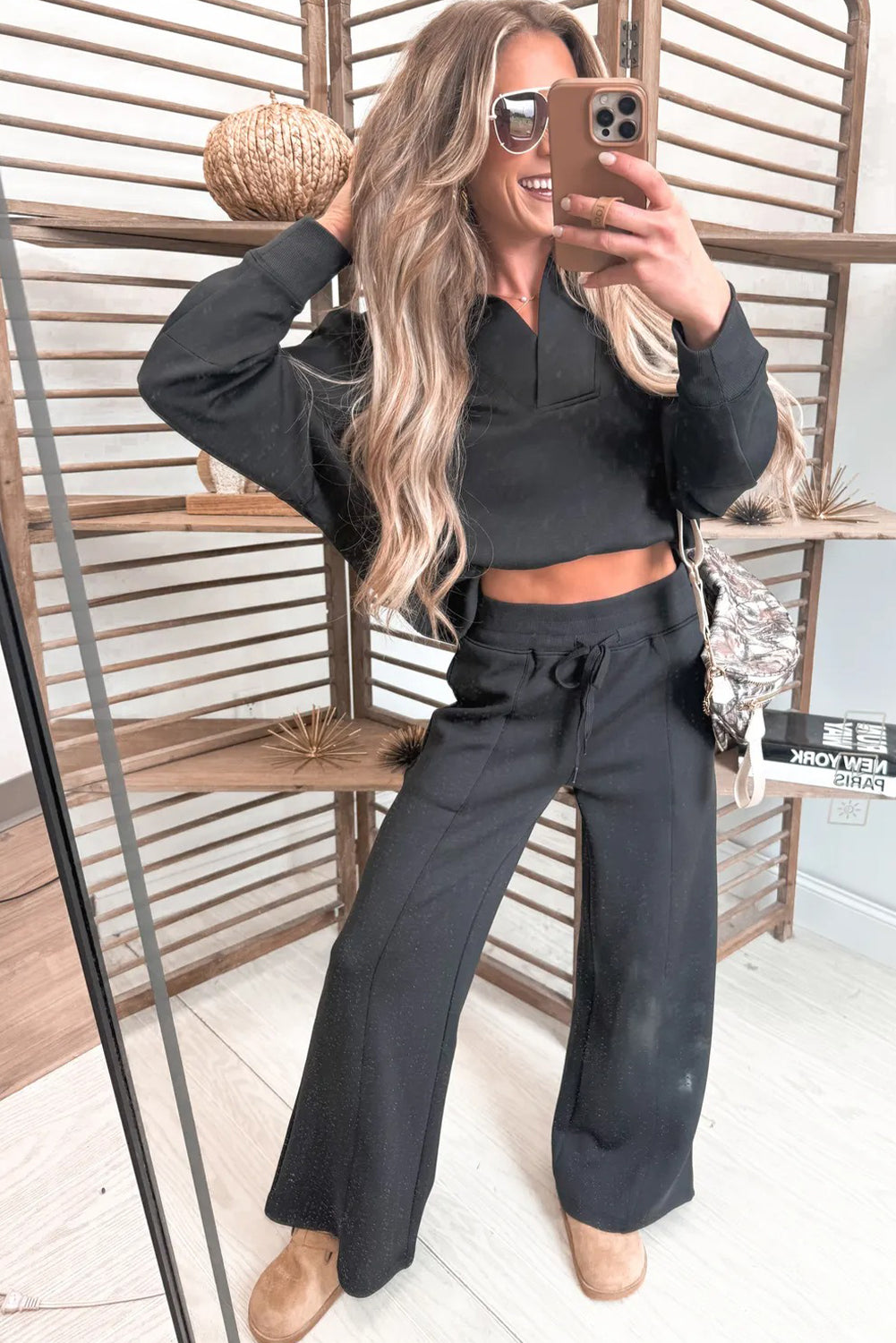 Medium Grey Collared V Neck Pullover Sweatshirt Sweatpants Set