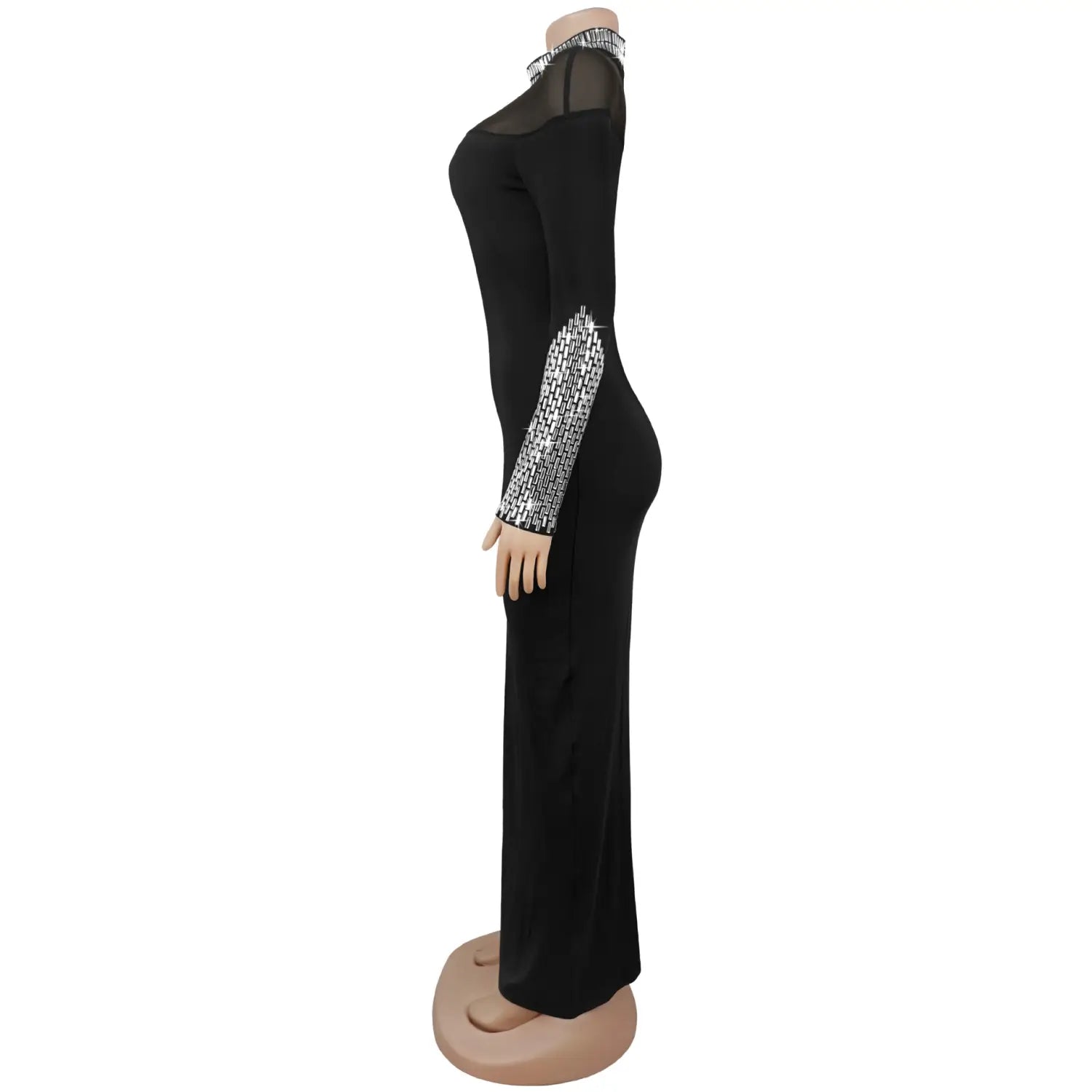 Elegant high neck long sleeve fitted sequined dress for women