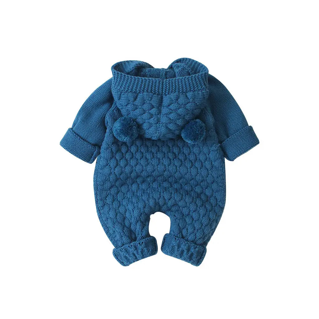Children’s three-dimensional fur ball hooded solid color knitted jumpsuit