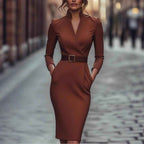 Elegant Spring Autumn Long Sleeve Pocket Dress with Belt