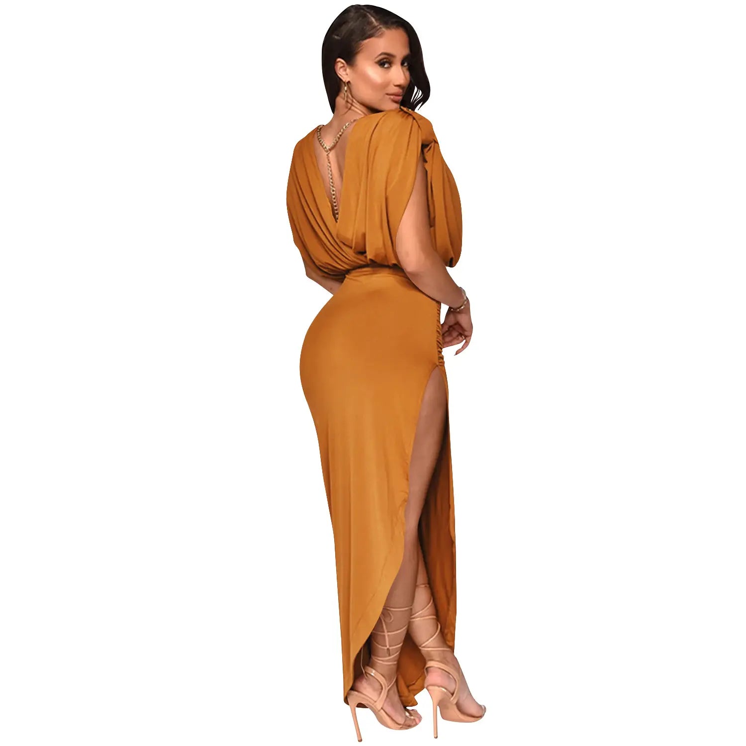 Fashion solid color women’s round neck sleeveless pleated asymmetrical slit long dress